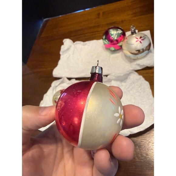 9 Vtg Mid Century Christmas Ornaments Hand Painted Mica Stripes Teardrop Ball Lo - Picture 14 of 16